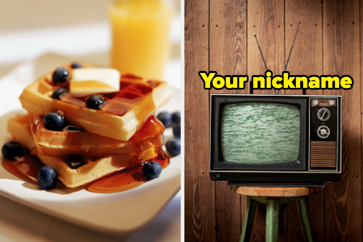 A stack of waffles are on the left with a television on the right labeled,