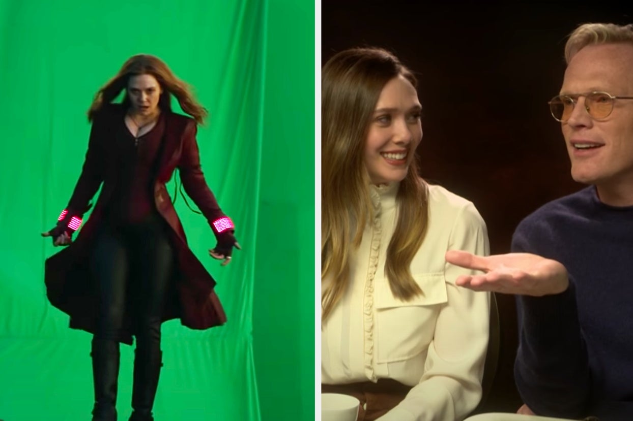 Elizabeth Olsen as Wanda filming on a green screen set and Elizabeth looking at Paul Bettany