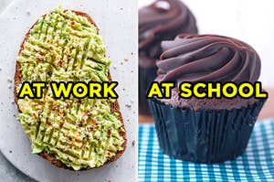 On the left, a slice of avocado toast labeled "at work," and on the right, a chocolate cupcake labeled "at school"