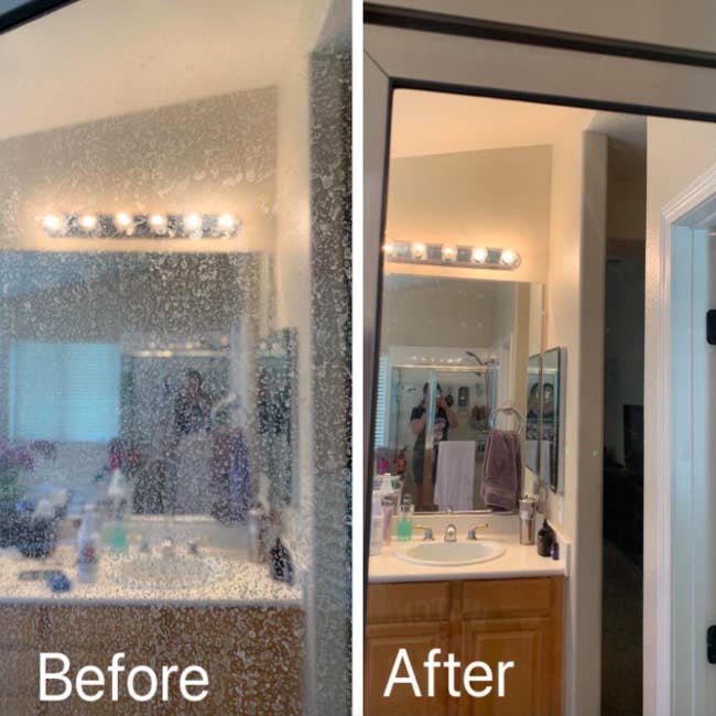 A customer review before and after photo showing the results of the hard water stain remover