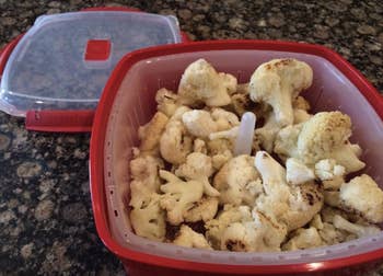 a reviewer photo of cauliflower cooked using the microwave steamer