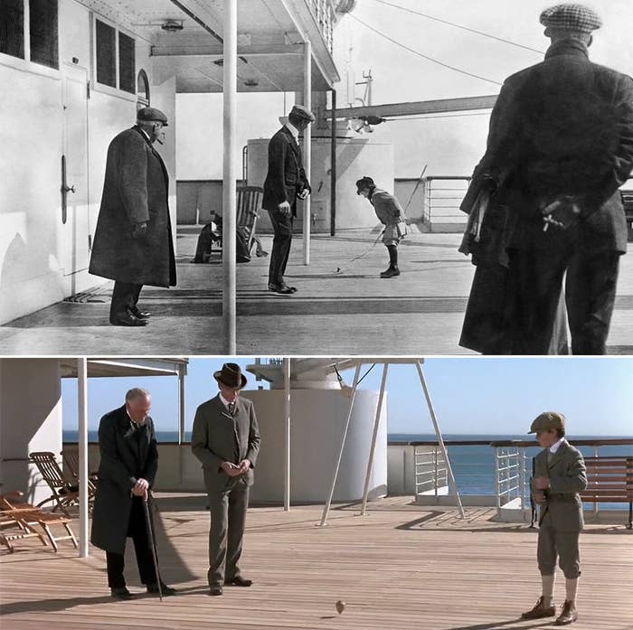 一个实际的一个男孩的照片旋转顶尖泰坦尼克号的甲板,并从电影场景基于照片
