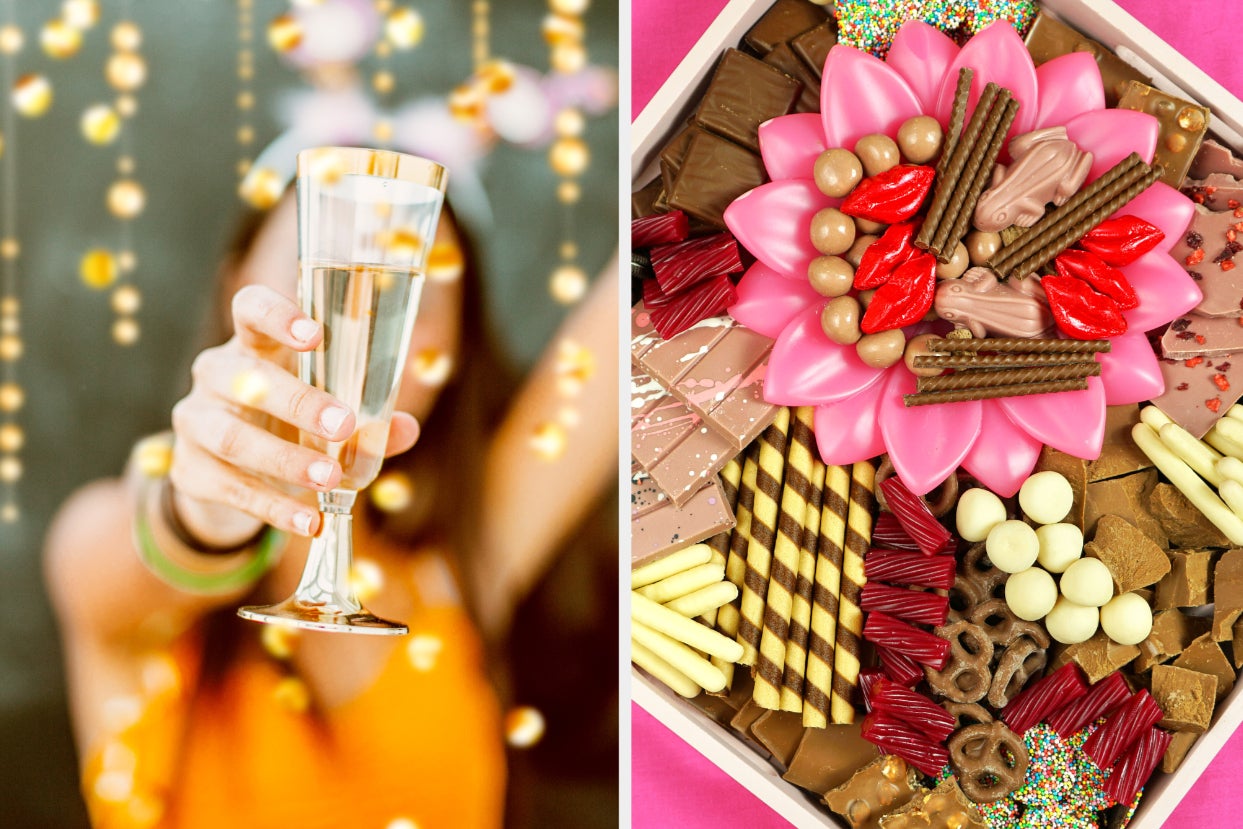 Person with champagne next to dessert charcuterie