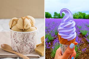 A cup of ice cream sitting on a kitchen table and an ice cream cone in a field of lavender