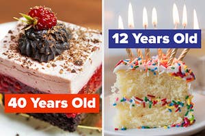 a piece of cake with fruit on top with "40 years old" written under it" on the left and a piece of vanilla cake with rainbow sprinkles and candles on the right with "12 years old" written above it