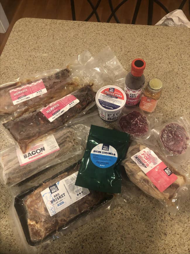 elizabeth's brisket, bacon, pulled pork, ribs, bacon caramels, sauces, and other treats from the subscription
