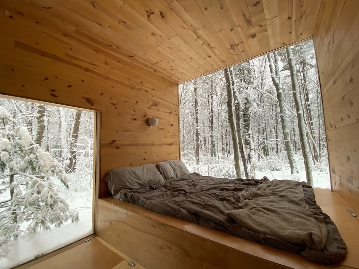 the inside of the Airbnb on a snowy day 