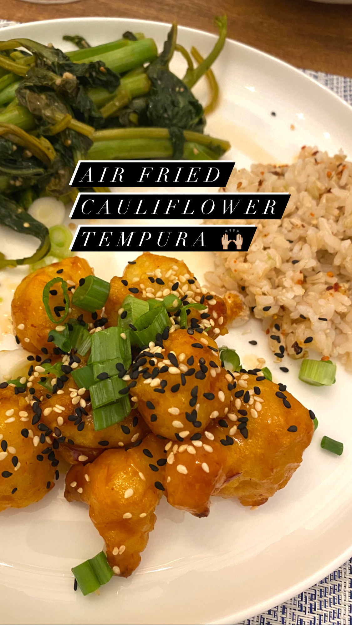 Air-fried cauliflower tempura with rice and greens.