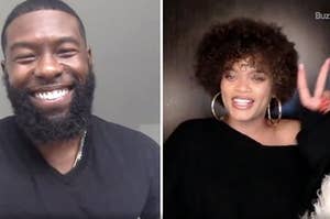 Side by side photos of Trevante Rhodes smiling and Andra Day holding up a peace sign