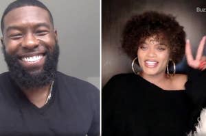 Side by side photos of Trevante Rhodes smiling and Andra Day holding up a peace sign
