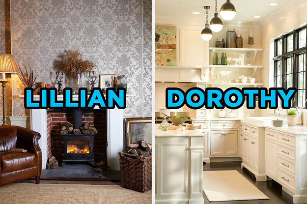 On the left, a living room with a wood-burning fireplace next to a leather armchair labeled