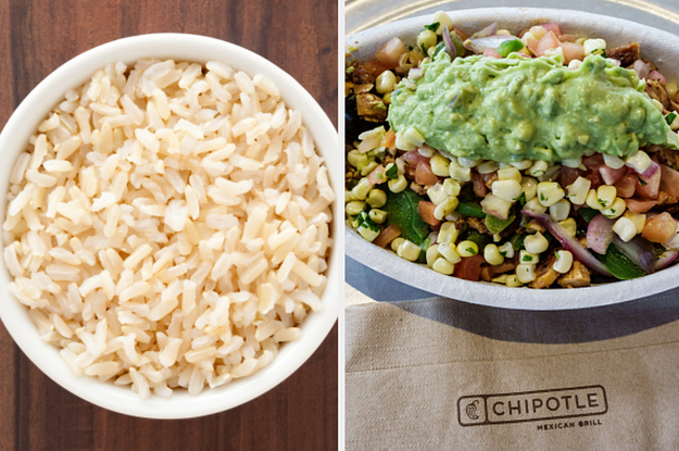 A bowl of brown rice is on the left with a Chipotle bowl on the right