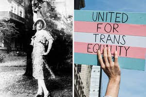 A side-by-side black and white image of Lili Elbe and a Trans Rights sign
