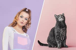 a soft girl next to a cat in front of a pastel background 