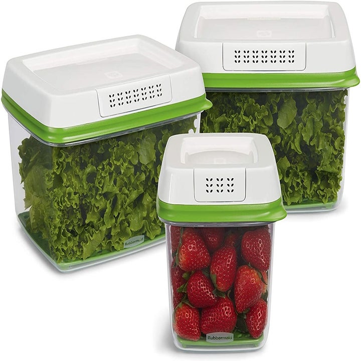 Set of three produce containers with various produce inside