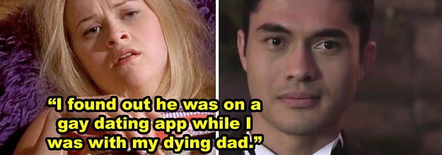 Side-by-side of a crying Elle Woods and Henry Golding's character in