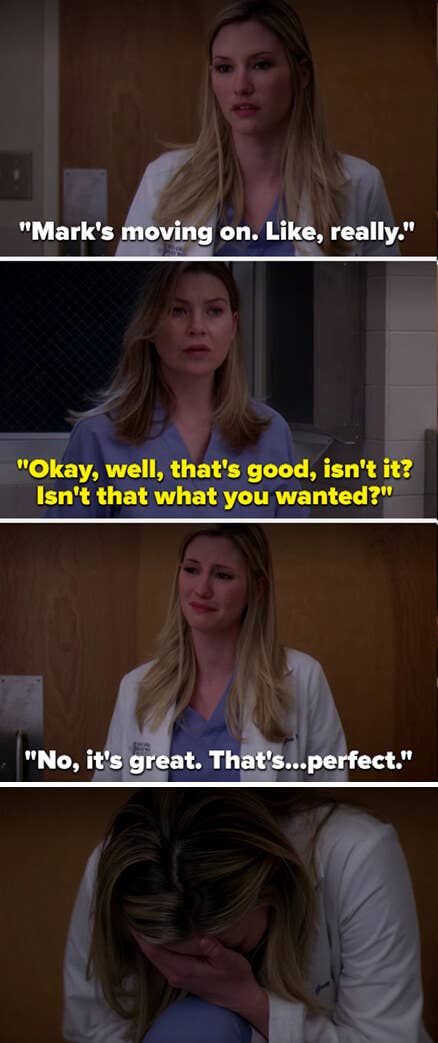 Lexi tells Meredith that Mark is moving on and then breaks down crying after Meredith asks her, &quot;Isn&#x27;t that what you wanted?&quot; and Lexi says, &quot;It&#x27;s great...that&#x27;s perfect&quot;