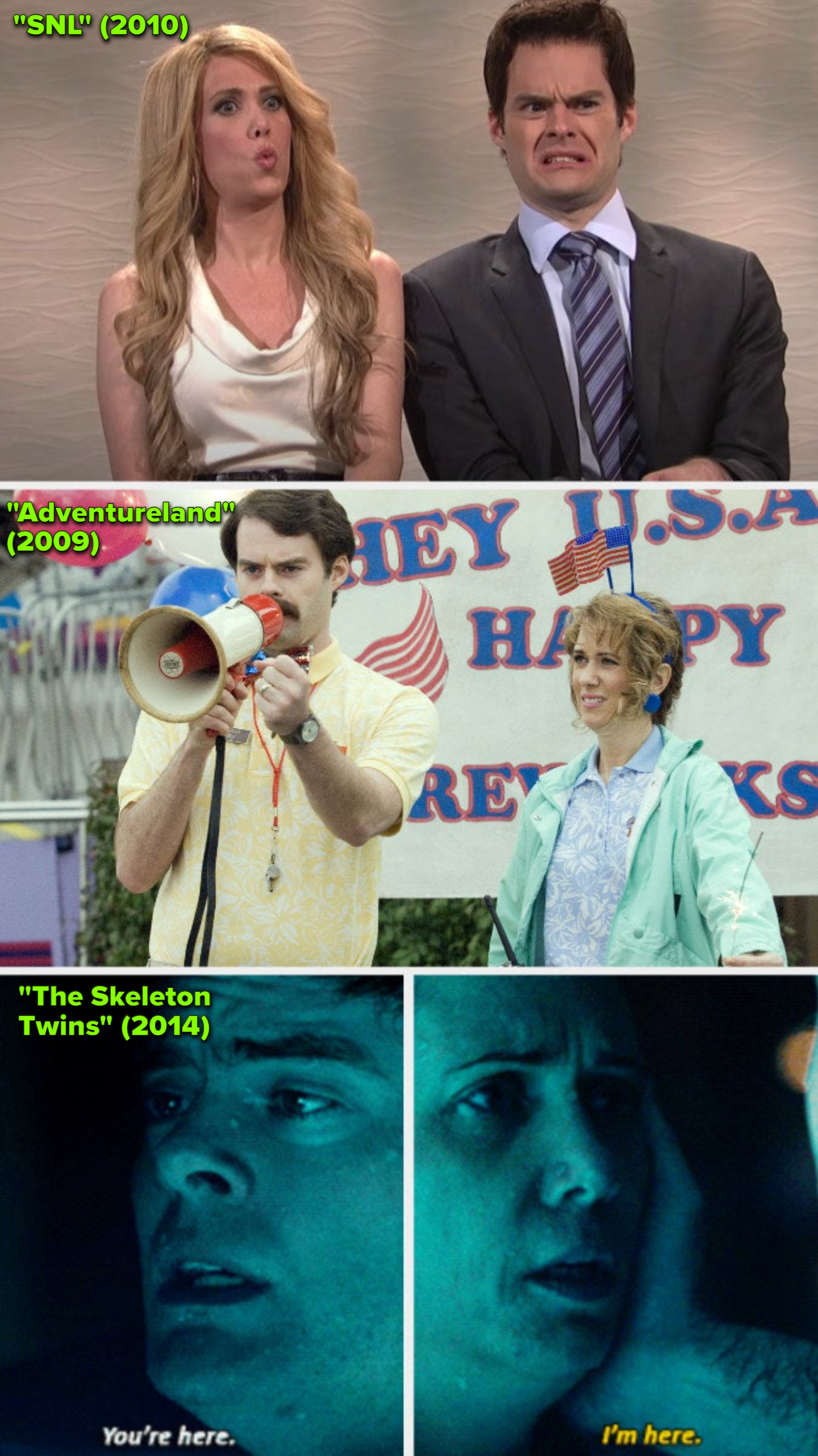 Hader and Wiig on &quot;SNL;&quot; Hader and Wiig in &quot;Adventureland;&quot; Hader and Wiig in &quot;The Skeleton Twins&quot;