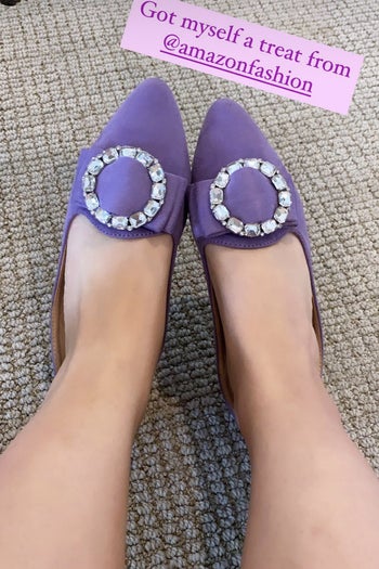 Me wearing the lavender pointed toe slides with a rhinestone buckle, with the text 