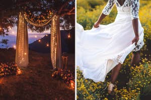 A wedding arch lit up at night and a bride in a wedding dress walking in a meadow