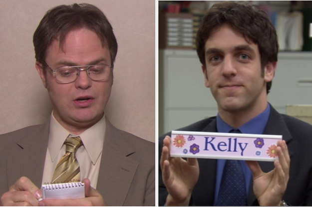 dwight taking notes on the left and ryan holding a nameplate that says kelly on the right
