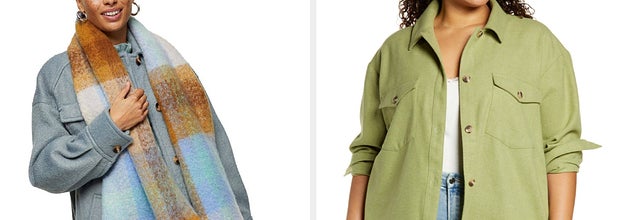 a model wearing an oversized plaid scarf and a model wearing a green shacket