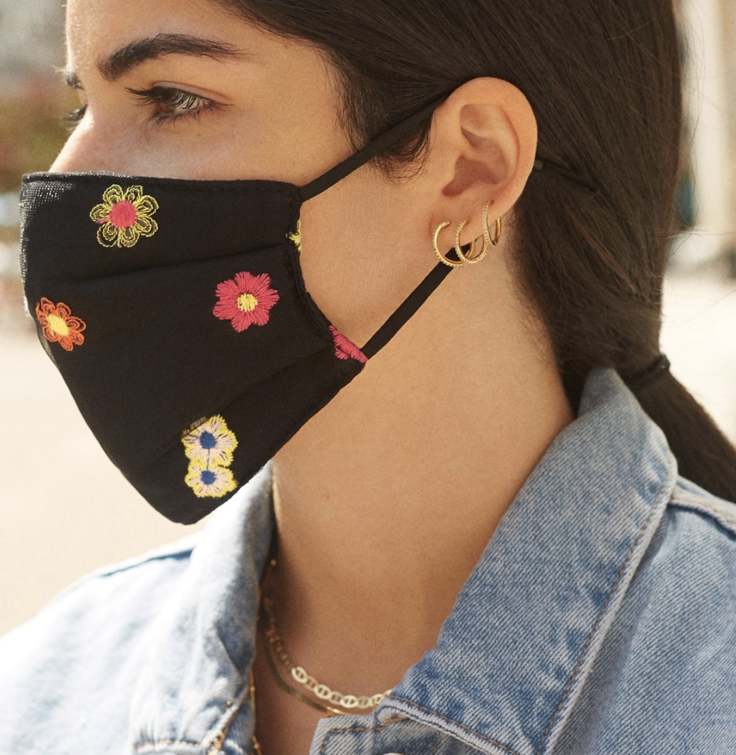 Model in black face mask with flower embroidery 