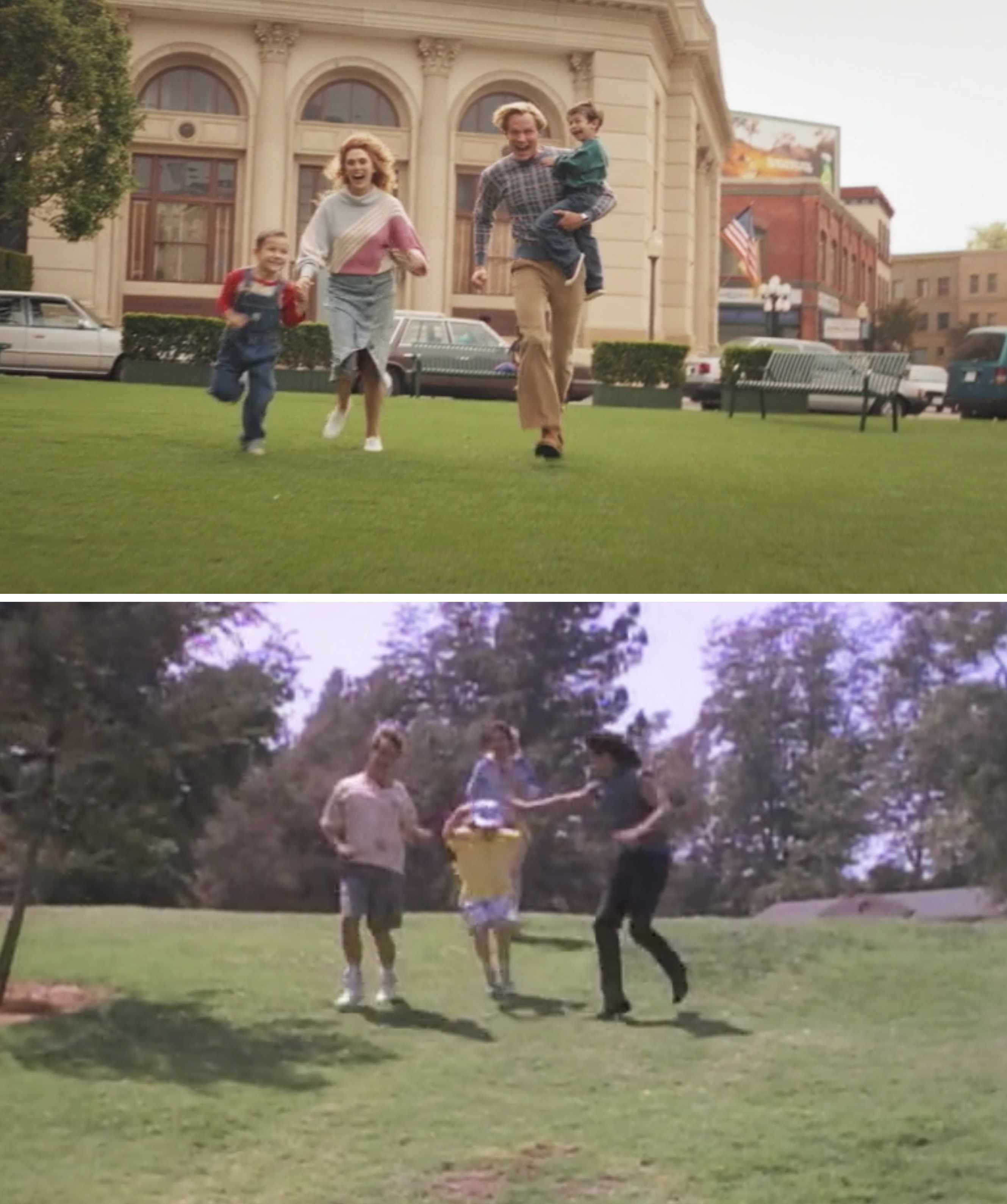 Wanda, Billy, Tommy, and Vision running at the camera vs. the Tanners running at the camera in &quot;Full House&quot;