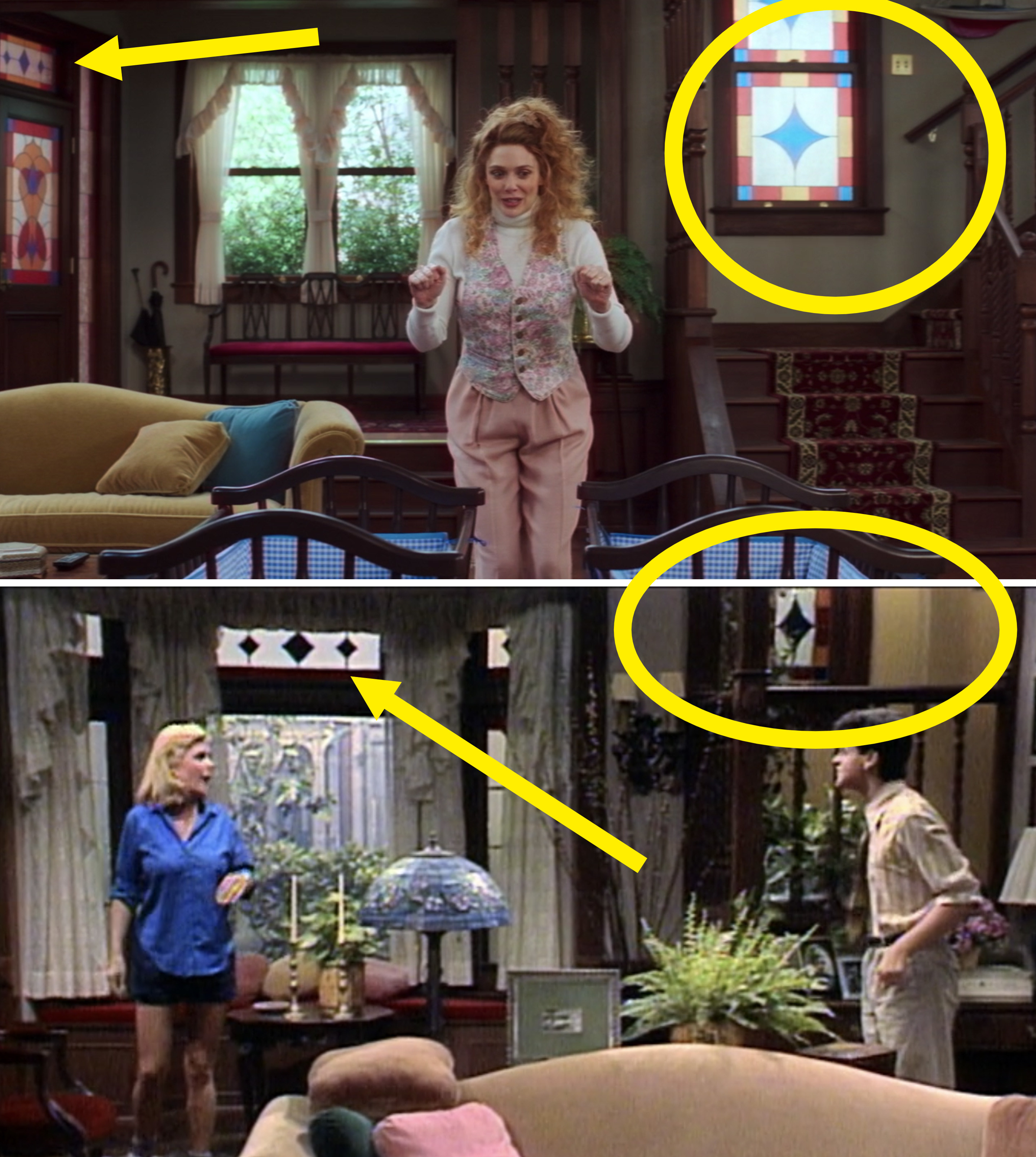 Circles and arrows pointing out the stained glass near the stairs and above the door in WandaVision vs. the stained glass near the stairs and above a window in Family Ties