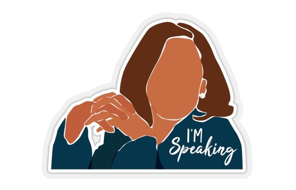 An illustration sticker of Kamala Harris with text &quot;I&#x27;m speaking&quot;