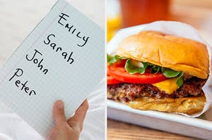 On the left, someone holding up a piece of paper with the names "Emily," "Sarah," "John," and "Peter" on it, and on the right, a cheeseburger with lettuce and tomato