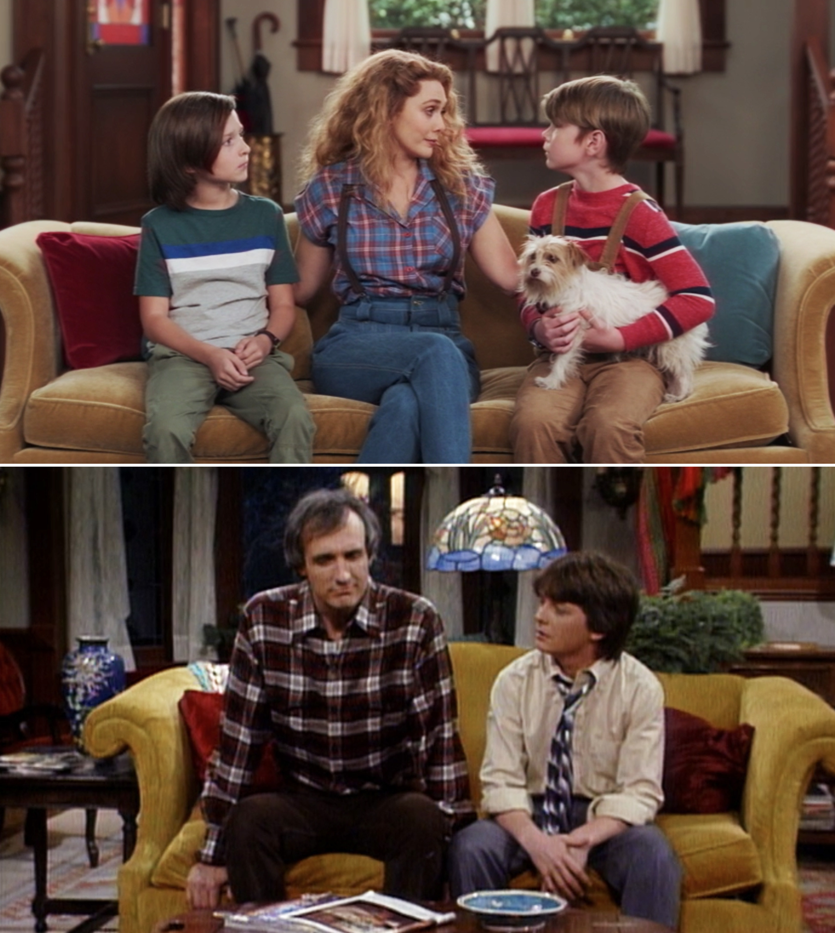 Wanda, Billy, and Tommy sitting on the couch with Sparky vs. Steven talking to Alex on the couch in &quot;Family Ties&quot;
