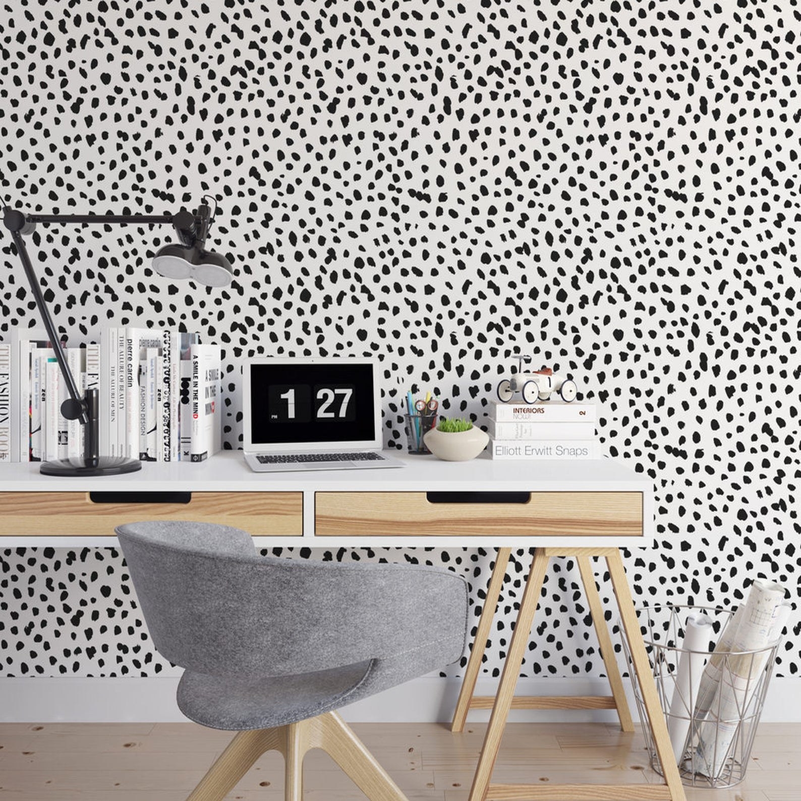 The wallpaper in a home office
