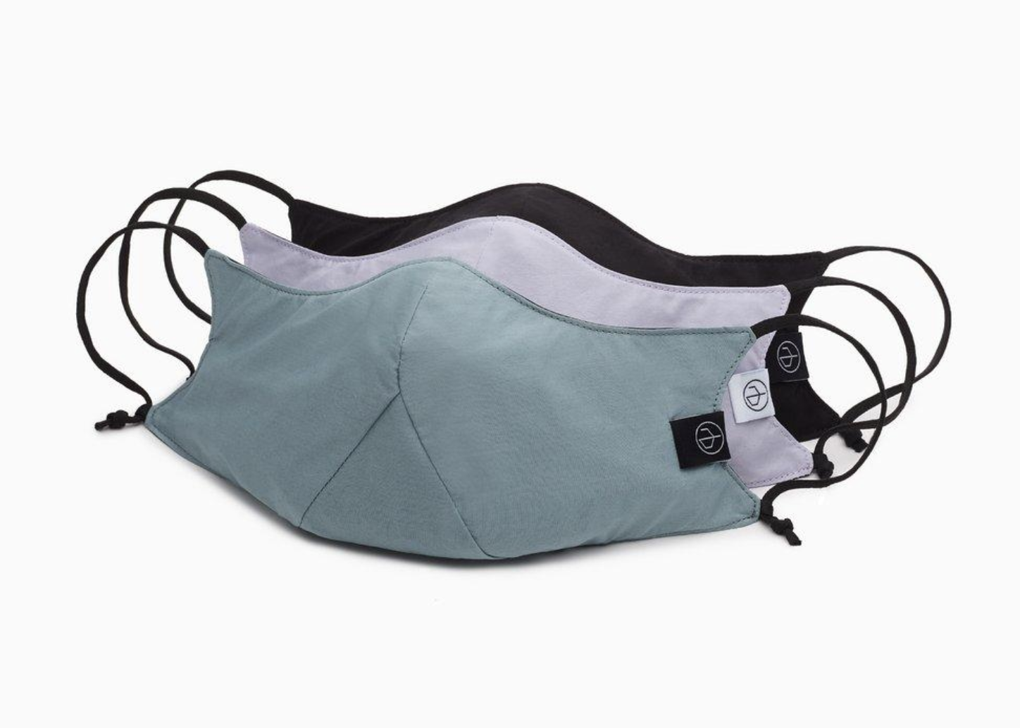 Face masks in blue, purple, and black