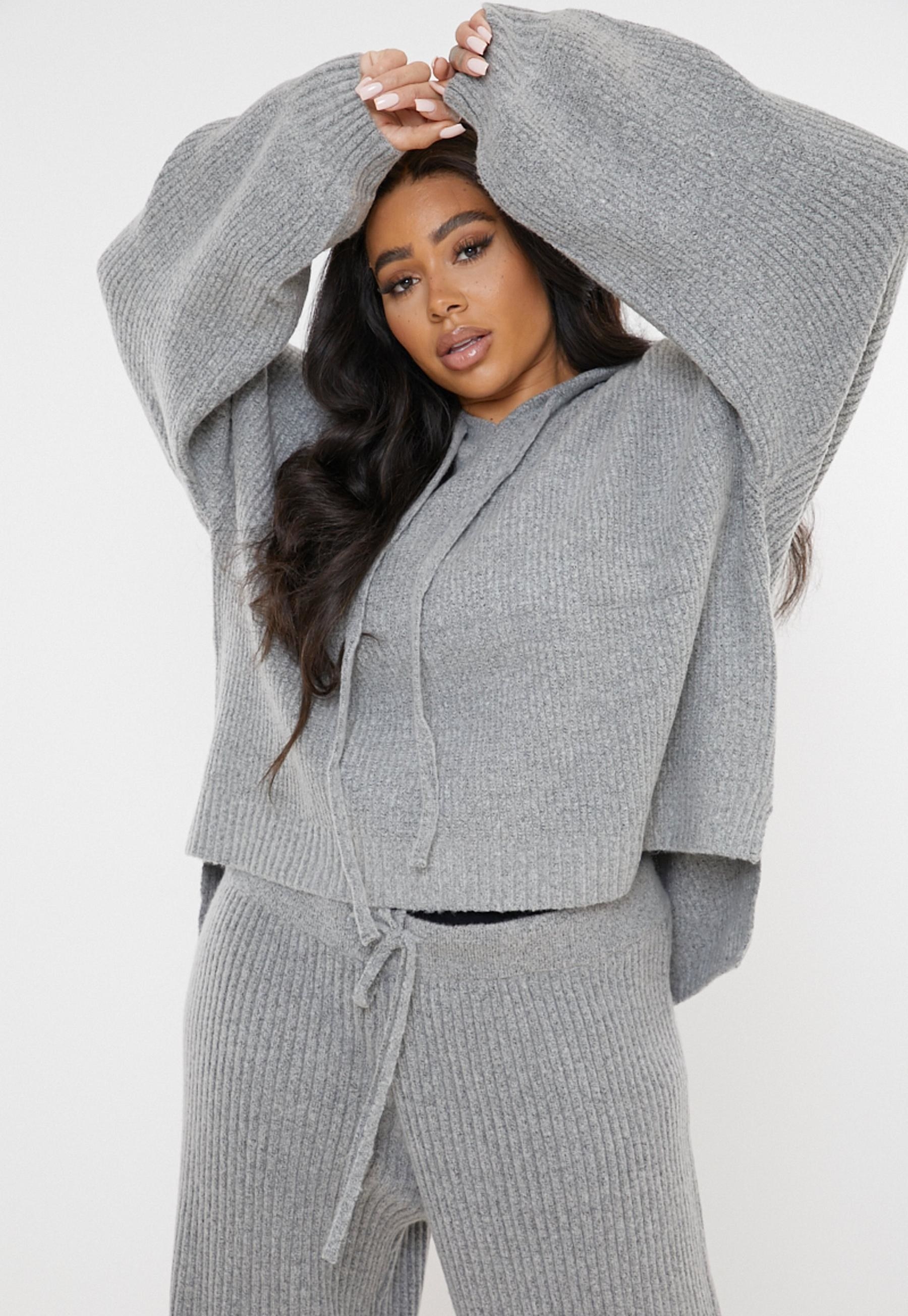 grey knit sweater with hood and ties 