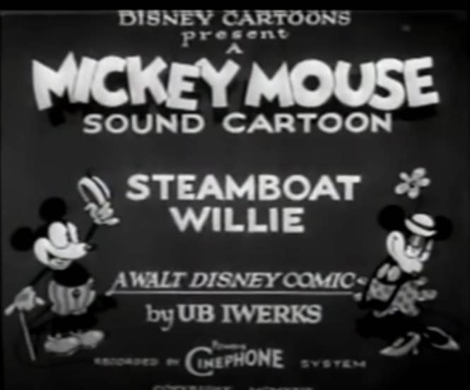 Title card for &quot;Steamboat Willie&quot; featuring Mickey and Minnie