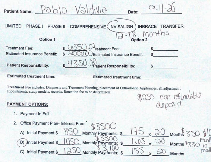 An itemized bill stating that I, Pablo, owe $4,350 for Invisalign, which is paid out in $165 monthly payments