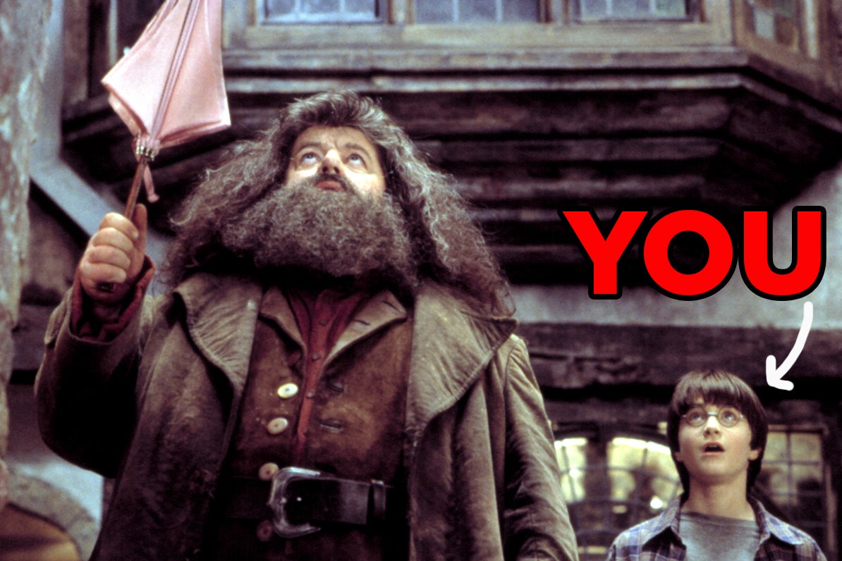 Harry and Hagrid stand at the entrance to Diagon Alley, Harry looks amazed and