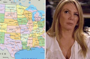 Map of United States and confused woman