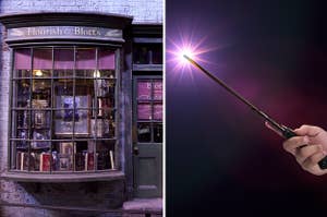 (left) the windowfront of Flourish and Blotts with books visible; (right) a hand holds a wand with purple light at its tip