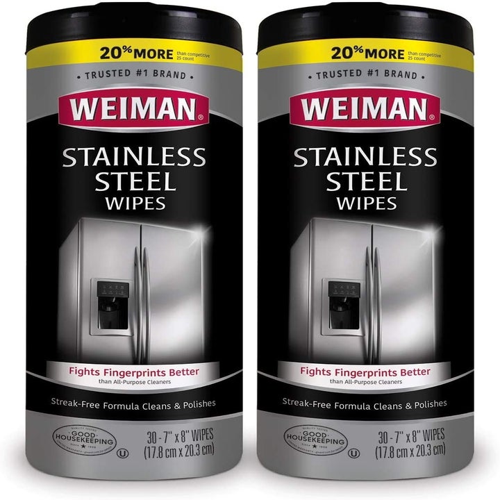 Two containers of Weiman stainless steel wipes