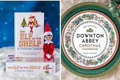 Two panels, showing the book covers of "The Elf on the Shelf" and "The Official Downton Abbey Christmas Cookbook"
