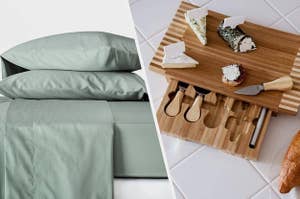to the left: sage green pillows and sheets, to the right: a cheese board with a drawer to store cheese knives