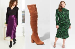 on left model wearing purple skirt, in middle over the knee boots; on right model wearing green dress 