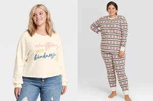 On the left, a model in a graphic sweatshirt. On the right, a model in thermal PJs