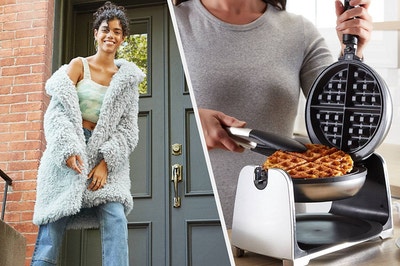 person wearing a blue faux fur coat on the left and a person lifting a waffle out of a waffle maker on the right 
