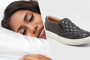 to the left: a model lying on a pillow, to the right: black quilted sneakers