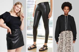 on the left, model wearing black mini skirt; in center, model wearing black faux leather leggings; on right, model wearing a black drawstring hoodie 
