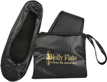 The flats in black sequin folded up into a pouch