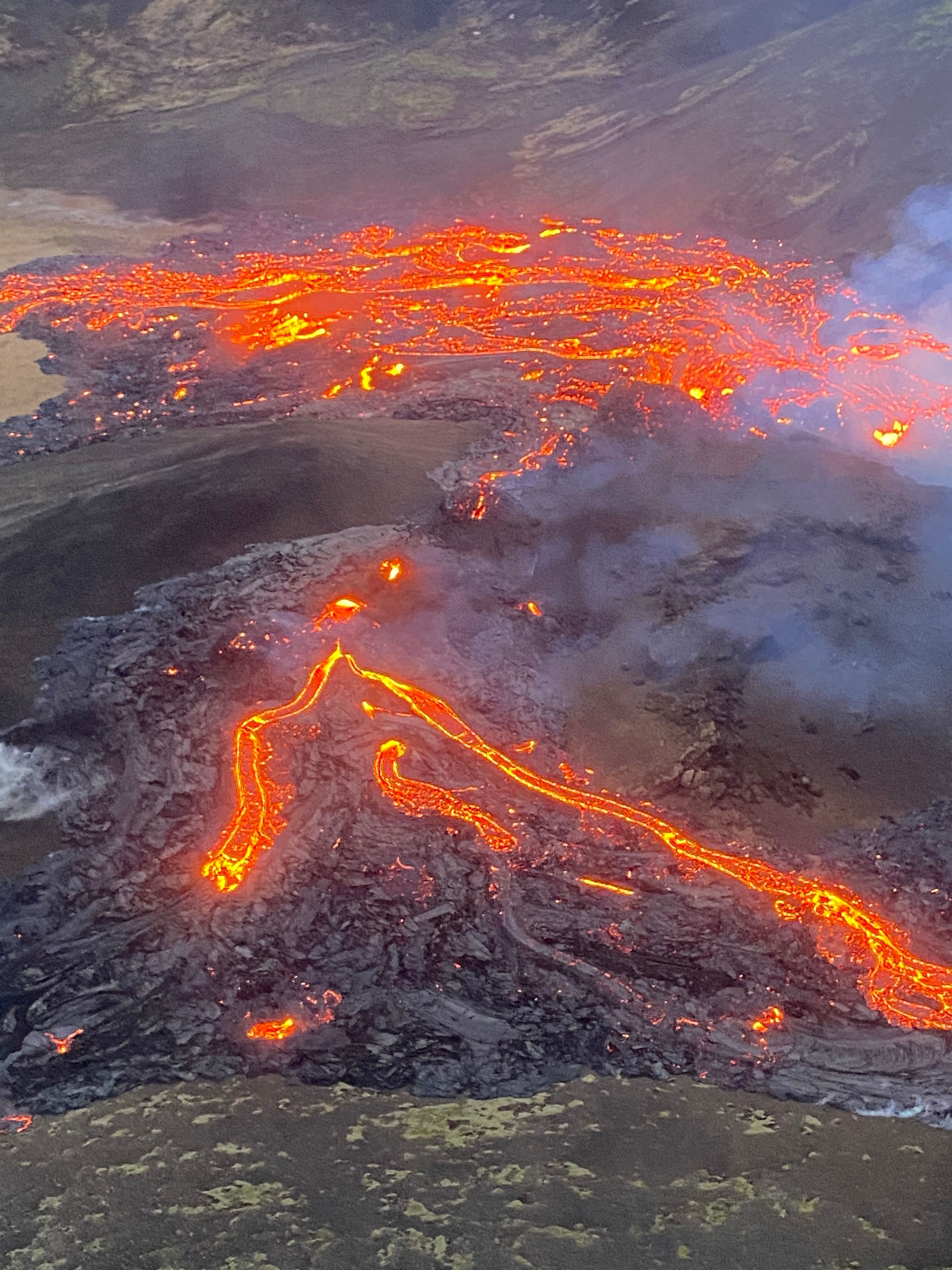 Overhead view of smoldering lava from volcano